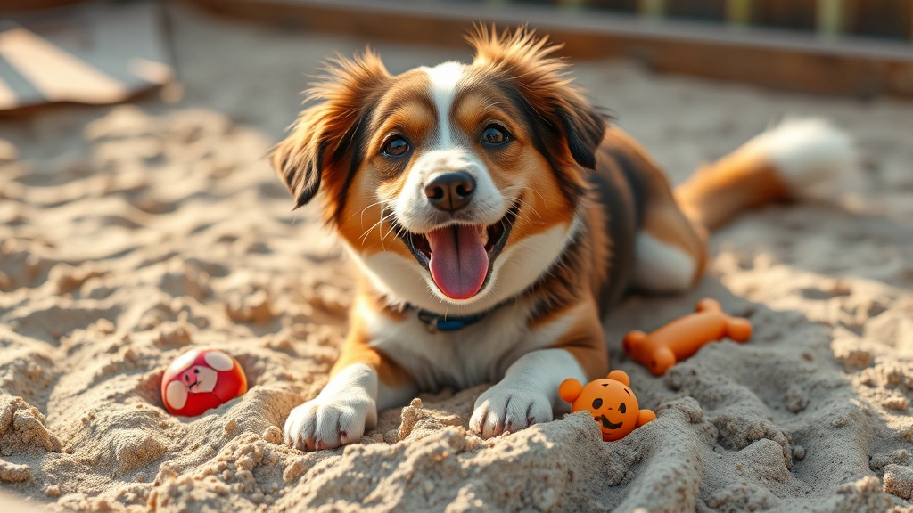 how to keep dogs from digging under fence -
Photorealistic image of a happy dog playing in a sandbox digging area with toys