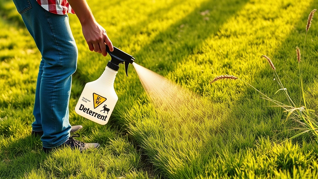 how to keep dogs off lawn -
Photorealistic image of a homeowner applying deterrent spray to lawn edges with