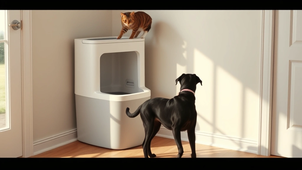 how to keep dogs out of cat box -
Photorealistic image of a top-entry litter box in a modern home corner, showing