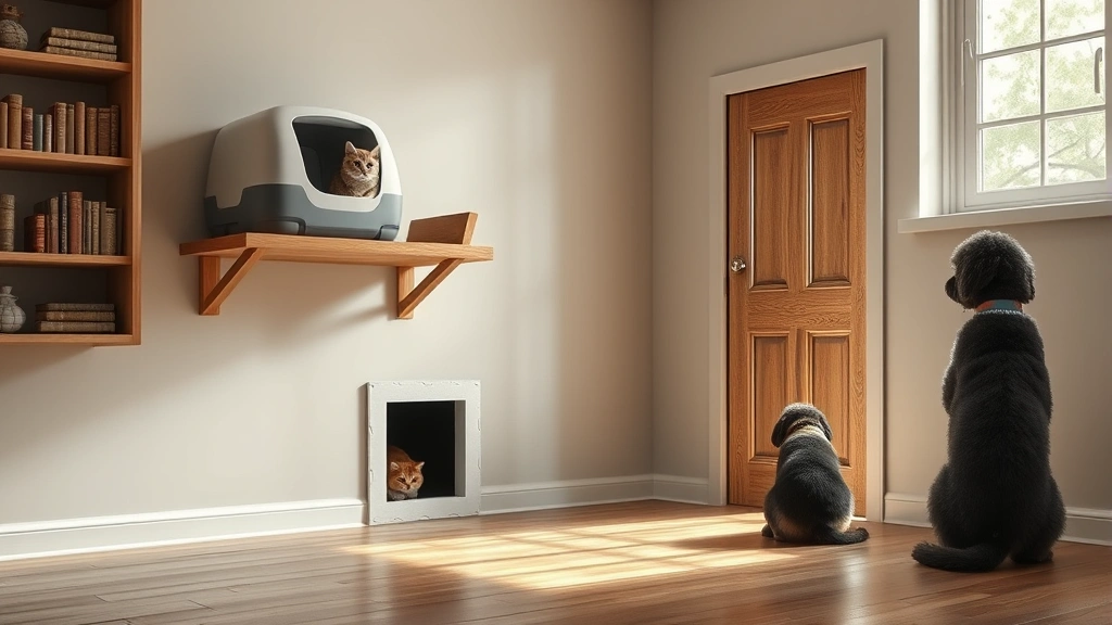how to keep dogs out of cat box -
Photorealistic image of a cat sanctuary room with an elevated litter box on a w