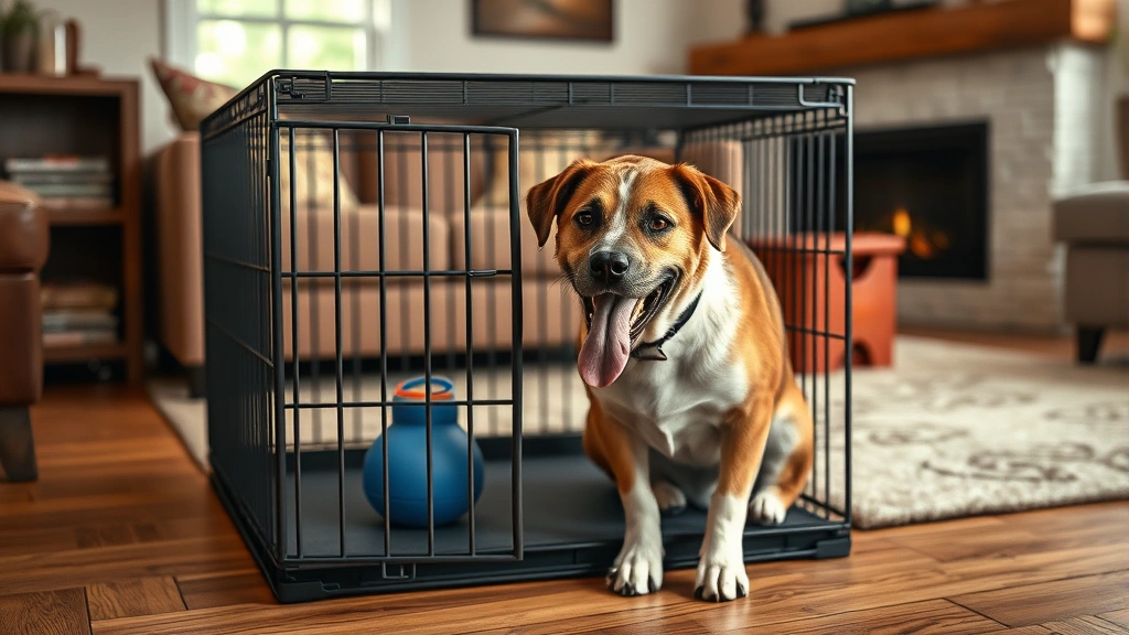 how to kennel train an adult dog -
Photorealistic image of a middle-aged mixed breed dog voluntarily entering a pr