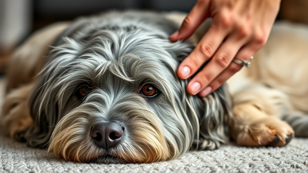 how to know if a dog is dying -
Photorealistic image of a gray-muzzled senior dog lying down with a concerned o
