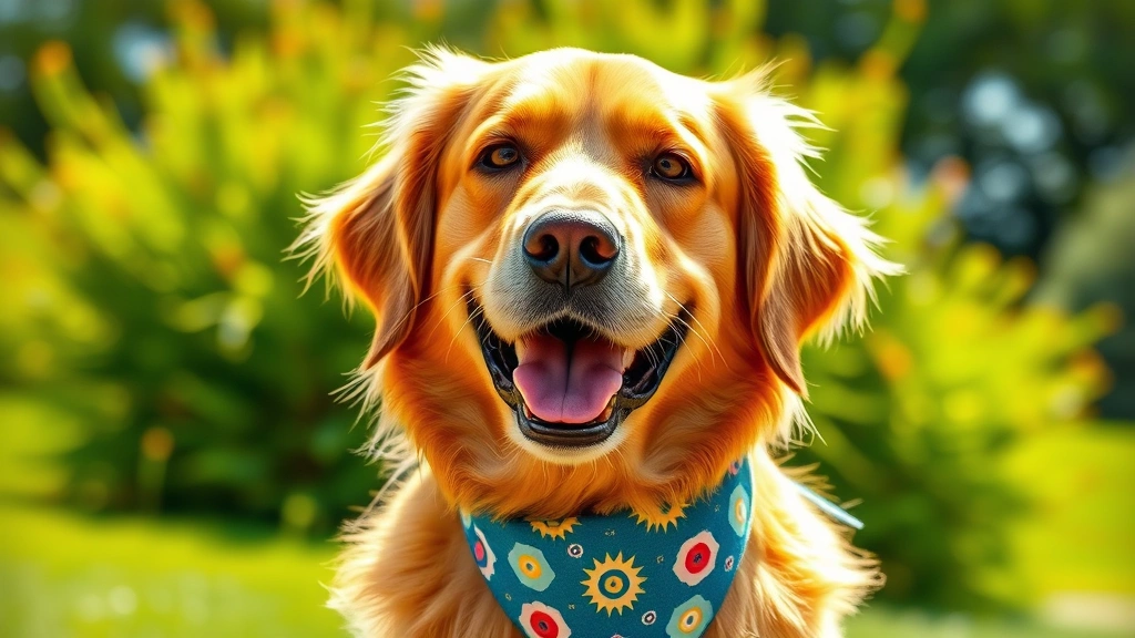 how to make a dog bandana -
Photorealistic happy golden retriever wearing a colorful handmade triangle band