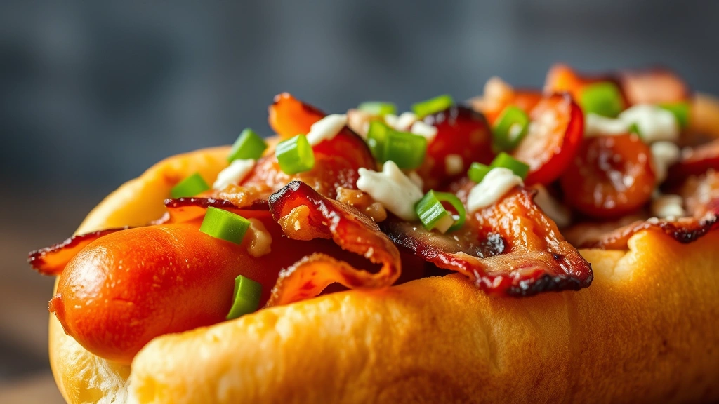 how to make hot dogs in a crock pot -
Photorealistic close-up of a perfectly cooked hot dog in a toasted bun with mul