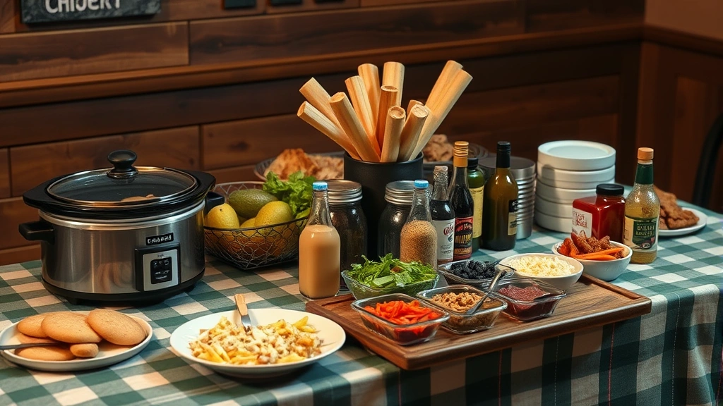 how to make hot dogs in a crock pot -
Photorealistic image of a casual party table setup with a crock pot on one end 