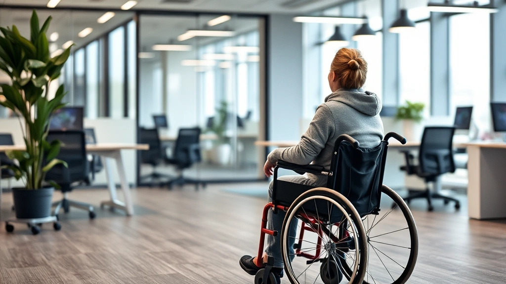 how to make my dog a service dog -
sitting attentively next to a person in a wheelchair in a modern office setting