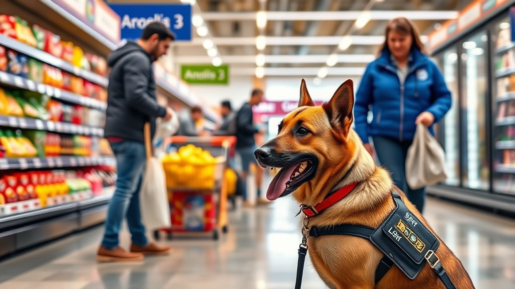 how to make my dog a service dog -
Photorealistic image of a service dog in training at a busy public location lik