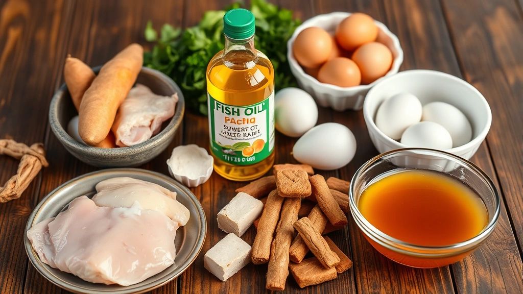 how to make my dog gain weight -
Photorealistic image of various dog nutrition ingredients arranged on a wooden 