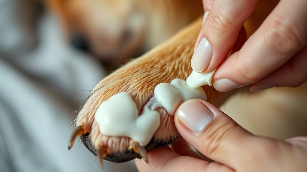 how to moisturize dog skin -
Close-up of dog’s paw being treated with moisturizing balm cream, hands a