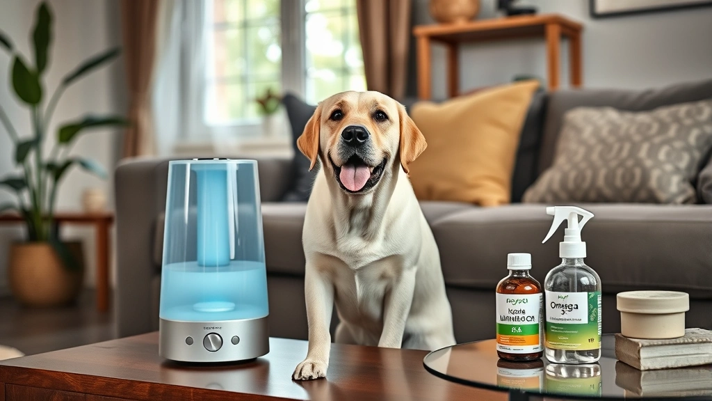 how to moisturize dog skin -
Happy Labrador sitting next to a humidifier in a cozy living room with omega-3 