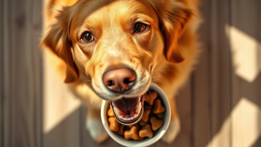 how to prepare liver for dogs -
Photorealistic overhead shot of a happy golden retriever eating liver treats fr