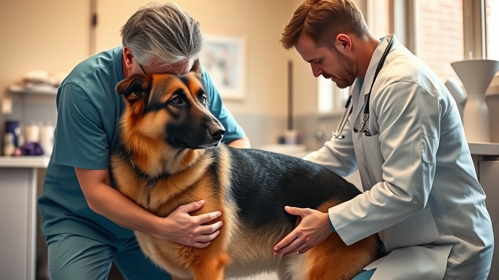 how to prevent twisted stomach in dogs -
Photorealistic image of a veterinarian examining a German Shepherd’s abdo