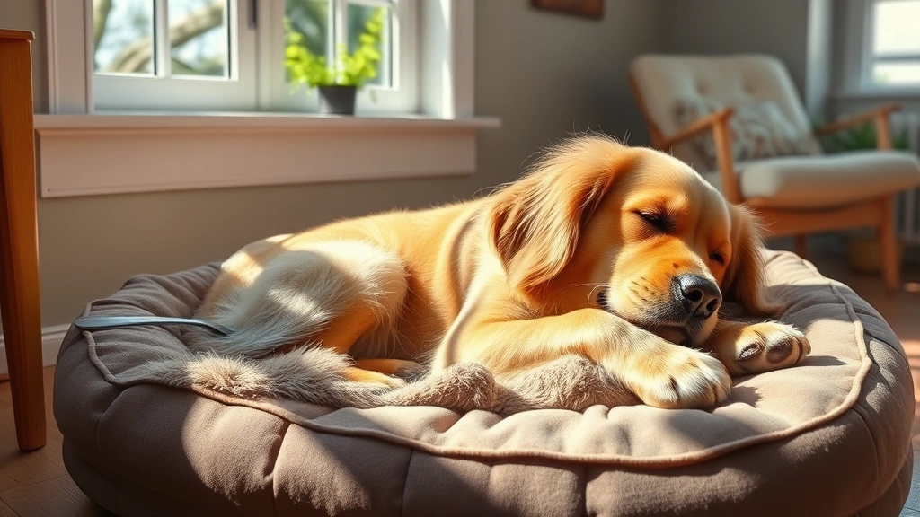 how to prevent twisted stomach in dogs -
Photorealistic image of a Golden Retriever resting peacefully on a dog bed afte