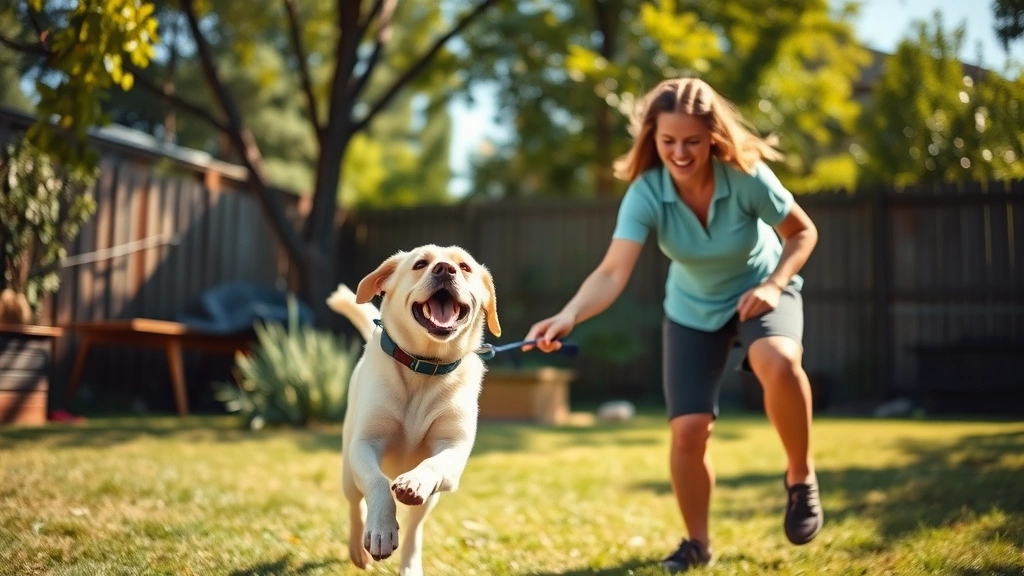 how to punish dogs for pooping in house -
A dog owner and their labrador playing fetch in a sunny backyard, both appearin