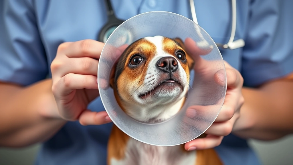 how to put a cone on a dog -
Photorealistic image of a veterinarian’s hands gently guiding a small dog