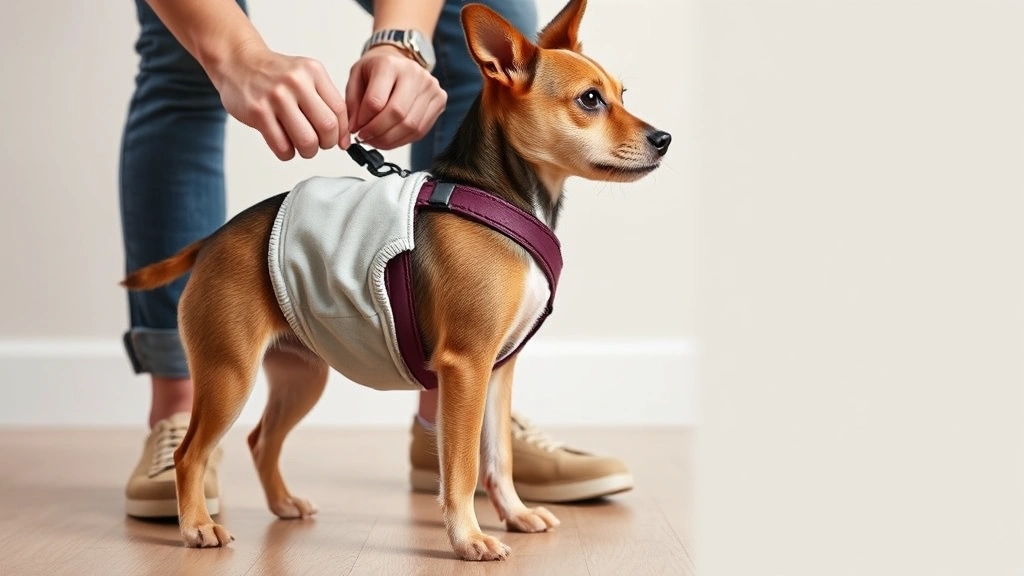 how to put on dog diapers -
Photorealistic side view of a small terrier standing still while owner fastens 