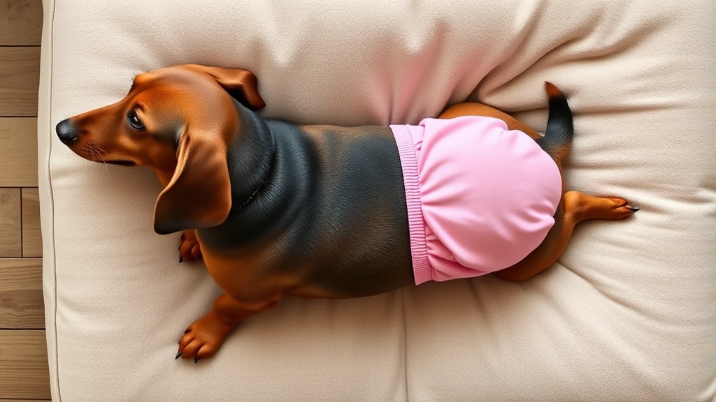 how to put on dog diapers -
Photorealistic overhead shot of a senior dachshund wearing a properly fitted pi