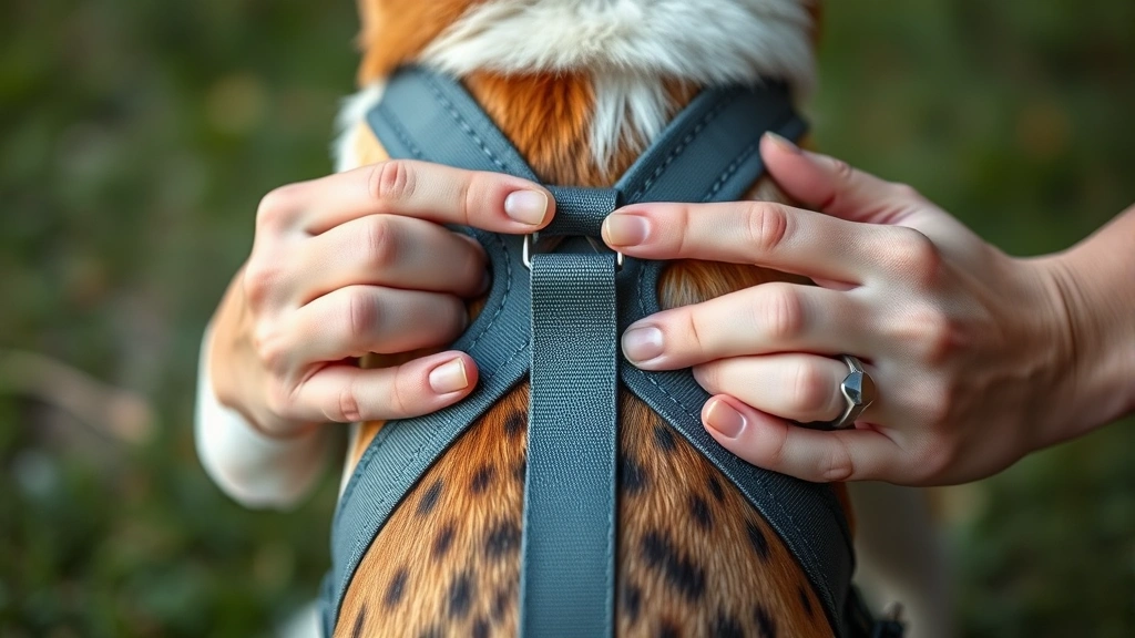 how to put on harness dog -
Close-up of hands adjusting and fastening the straps on a fitted dog harness on