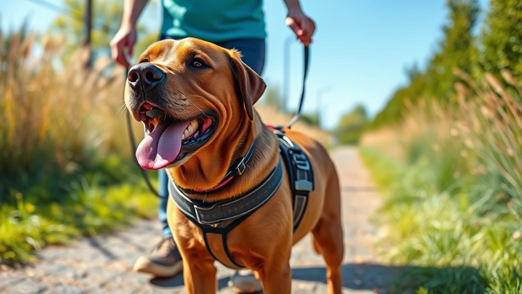 how to put on harness dog -
A happy labrador wearing a properly fitted harness walking beside its owner on 