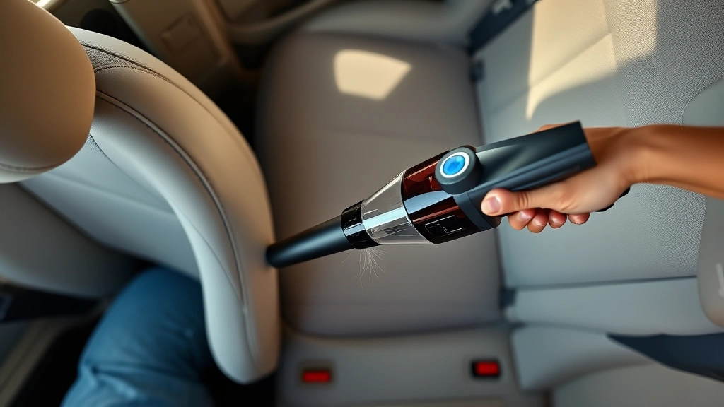 how to remove dog hair from car -
Photorealistic overhead view of a person using a handheld cordless vacuum with 
