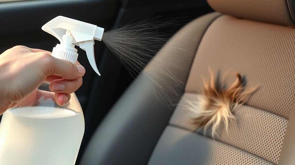 how to remove dog hair from car -
Photorealistic image of a spray bottle with fabric softener solution misting a 