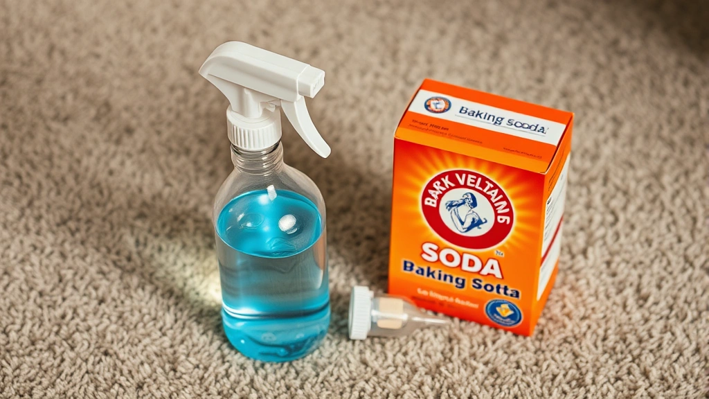how to remove dog puke from carpet -
Photorealistic image of spray bottle with vinegar solution next to baking soda 