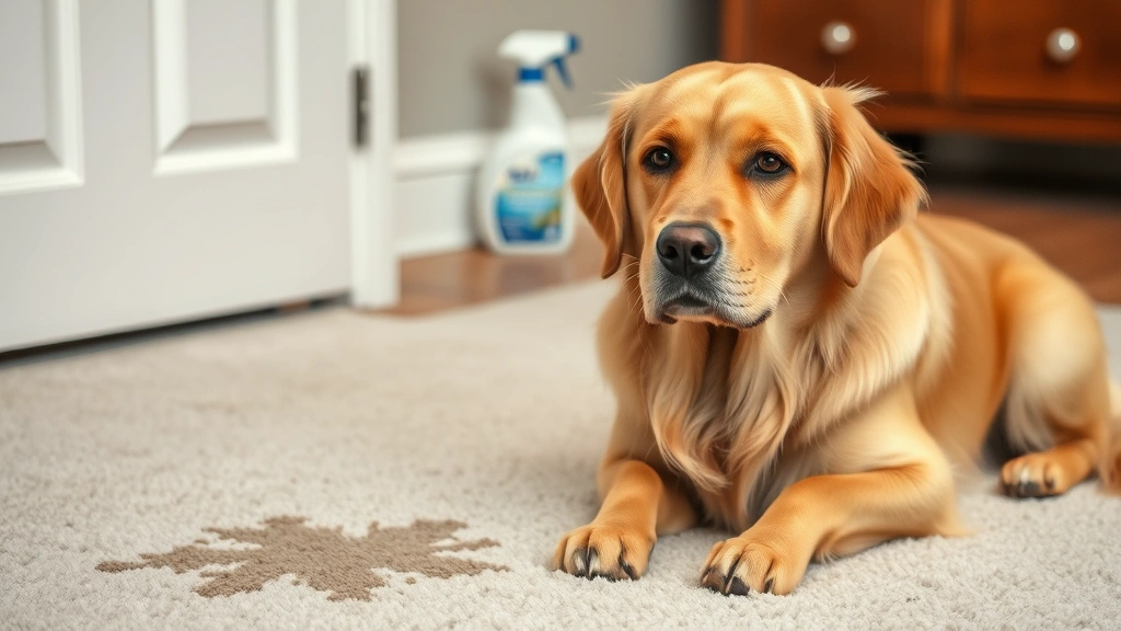 how to remove dog puke from carpet -
Photorealistic photo of a golden retriever looking guilty sitting next to a cle