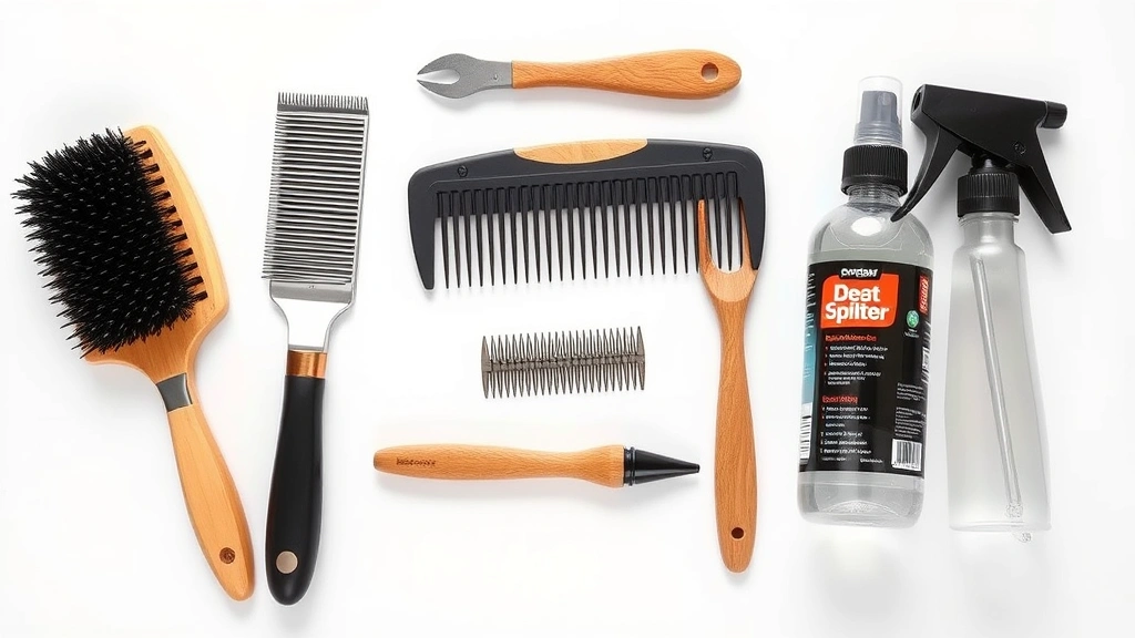 how to remove matted dog hair -
Photorealistic image of various dog grooming tools laid out on a white surface: