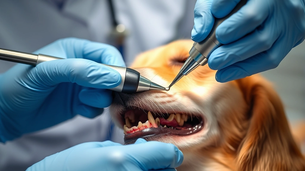how to remove tartar from dog teeth -
Photorealistic image of a veterinarian performing professional ultrasonic denta