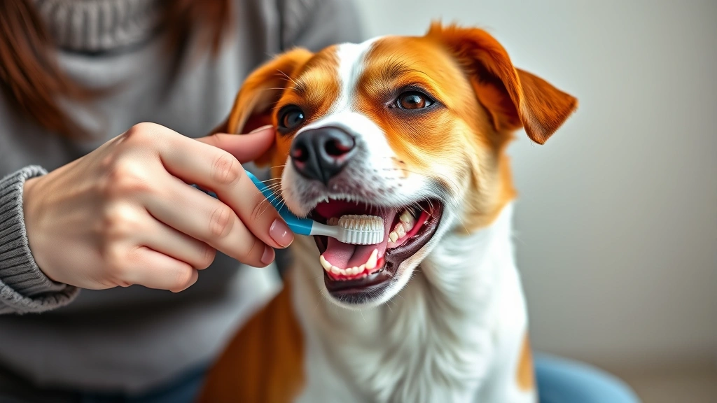 how to remove tartar from dog teeth -
Photorealistic image of a dog owner gently brushing their small brown and white