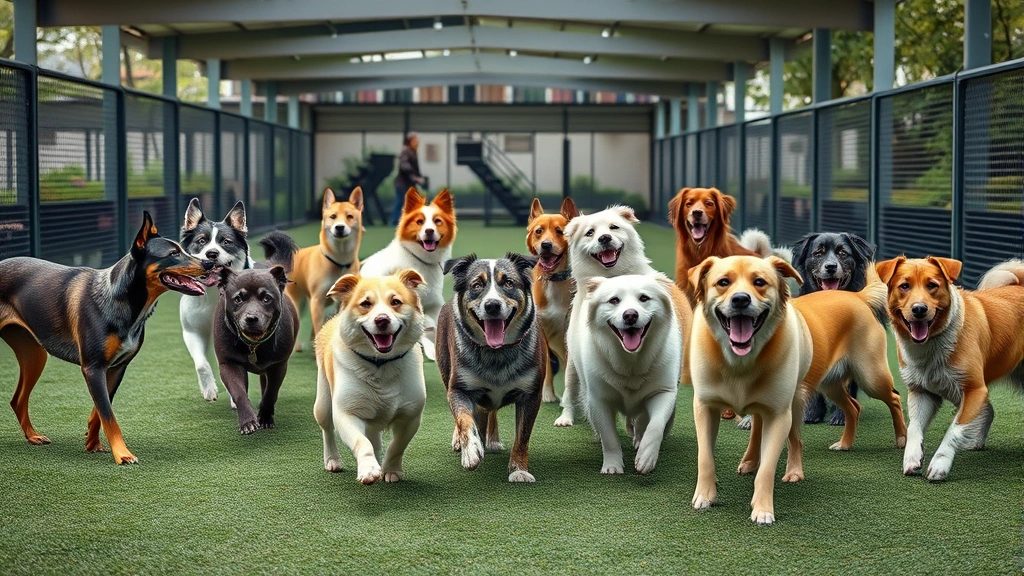 how to say dog in spanish -
Photorealistic scene of a group of diverse dog breeds playing together in a mod