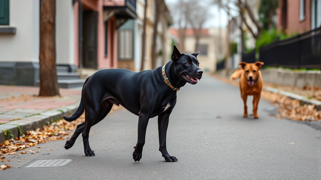 how to socialize a reactive dog -
A confident black dog walking calmly past another dog on the opposite side of a