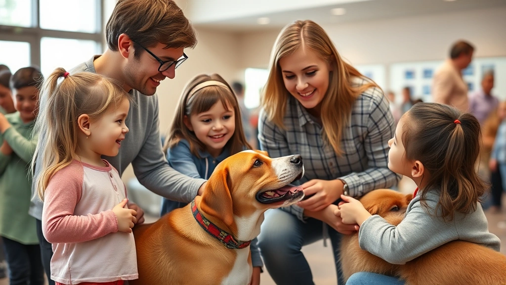 how to start a dog rescue -
Photorealistic image of a family with children meeting and petting a rescued do