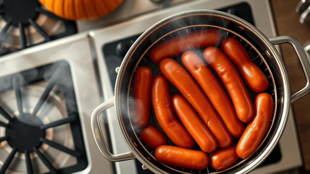 how to steam hot dogs -
Photorealistic overhead shot of a pot with a steamer basket containing hot dogs