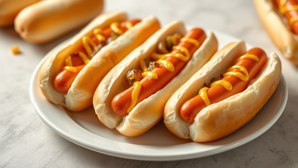how to steam hot dogs -
Photorealistic image of three finished steamed hot dogs on a white plate with f
