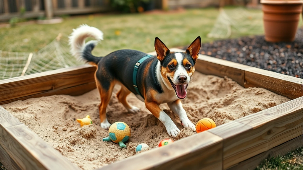 how to stop a dog digging under the fence -
Photorealistic image of a dog happily playing in a designated sandbox digging p