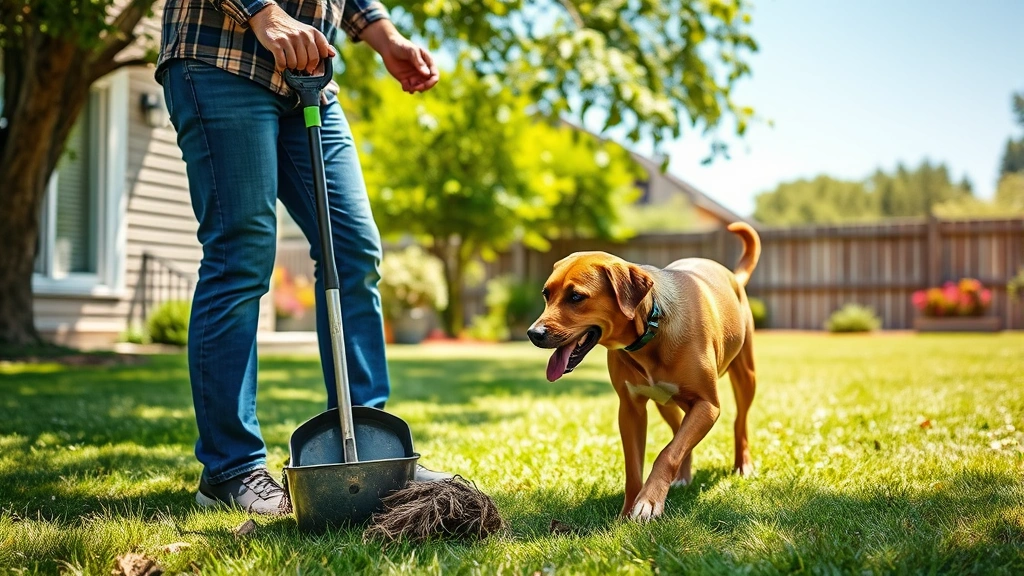 how to stop a dog from eating stool -
Photorealistic image of a dog owner picking up after their dog with a pooper sc