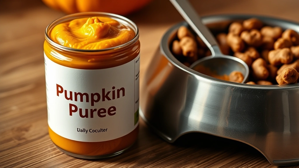 how to stop diarrhea in dogs -
Photorealistic close-up of a can of plain pumpkin puree next to a dog food bowl