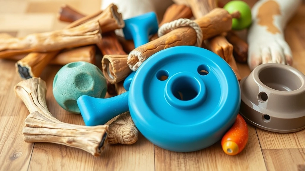 how to stop dog chewing -
Close-up of various dog chew toys including bully sticks, rubber toys, and puzz