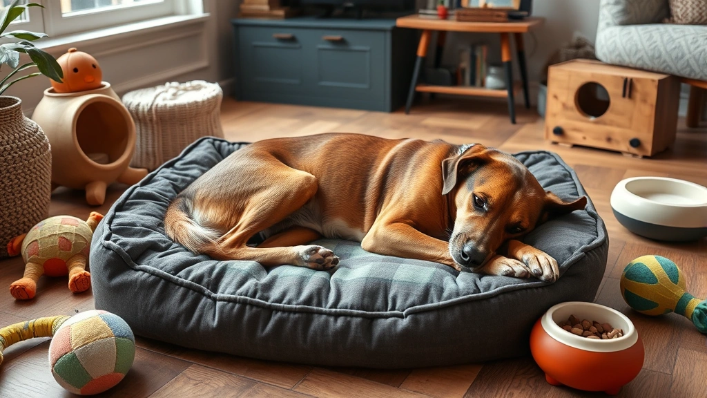how to stop dog chewing -
A relaxed adult dog lying on a cushioned dog bed surrounded by enrichment toys 
