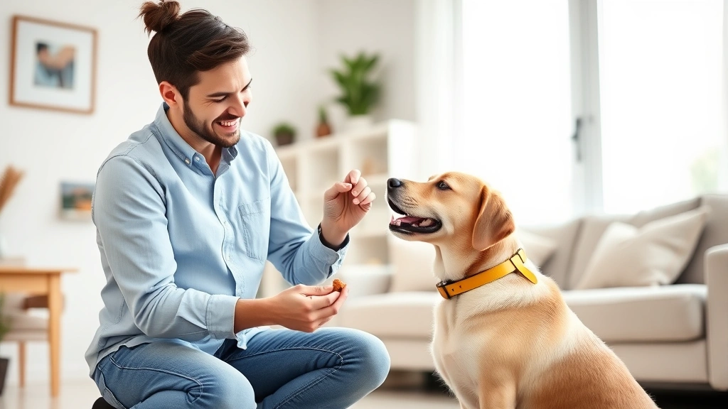 how to stop dog eating poop feces -
Photorealistic image of a dog owner happily training their dog with treats and 