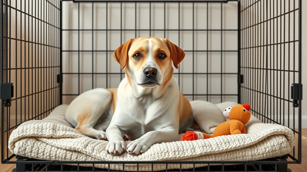 how to stop dog from peeing on carpet -
Photorealistic image of a calm dog sitting in a comfortable wire crate with sof