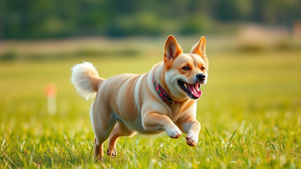 how to stop dog licking paws -
photorealistic image of a happy medium-sized dog running through a grassy field