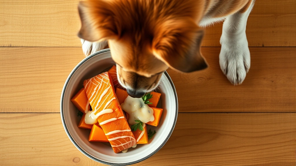 how to stop dog shedding home remedy -
Photorealistic overhead shot of a dog eating from a bowl containing salmon, pum