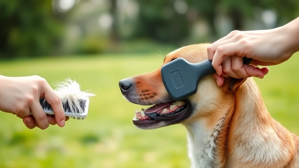 how to stop dog shedding home remedy -
Photorealistic side profile of a happy dog being brushed outdoors with a deshed
