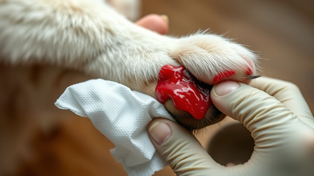 how to stop dogs nail from bleeding -
Photorealistic image of a dog’s paw being held gently with gauze and pres