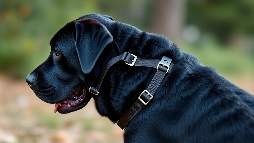 how to stop dogs pulling on their leads -
Photorealistic image of a front-clip no-pull harness on a large black Labrador 