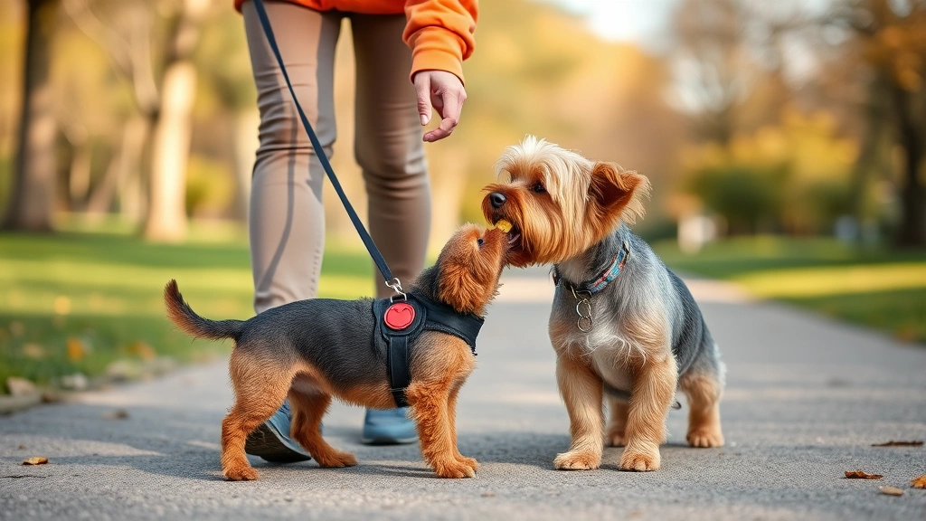 how to stop dogs pulling on their leads -
Photorealistic image of a dog owner rewarding a small brown terrier with a trai