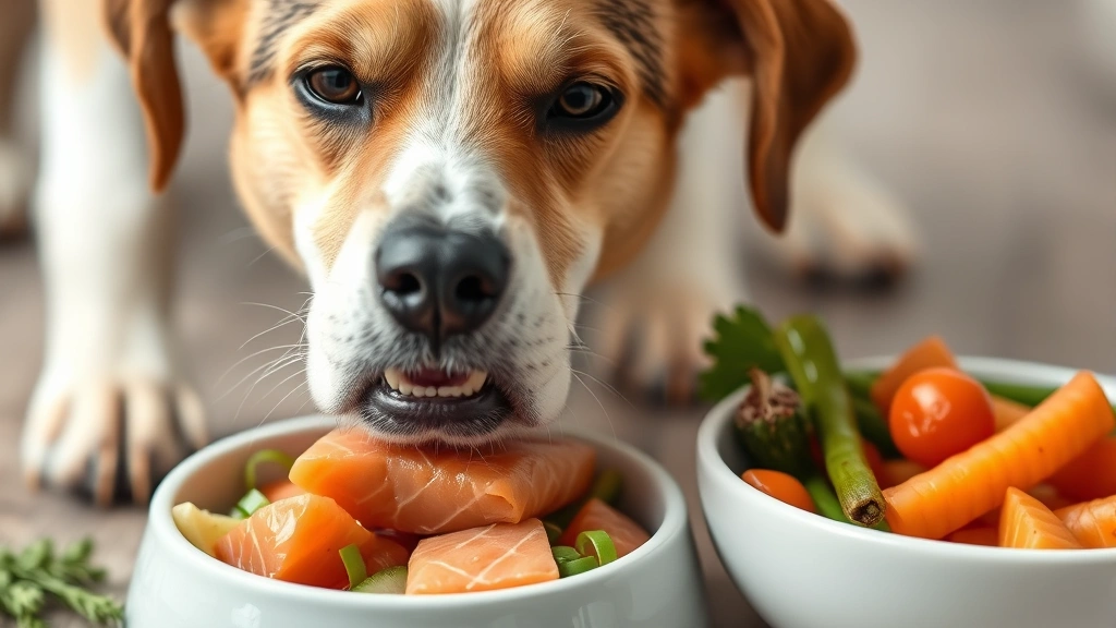 how to stop my dog from shedding -
Dog eating salmon and vegetables from a bowl, demonstrating nutritious coat-hea