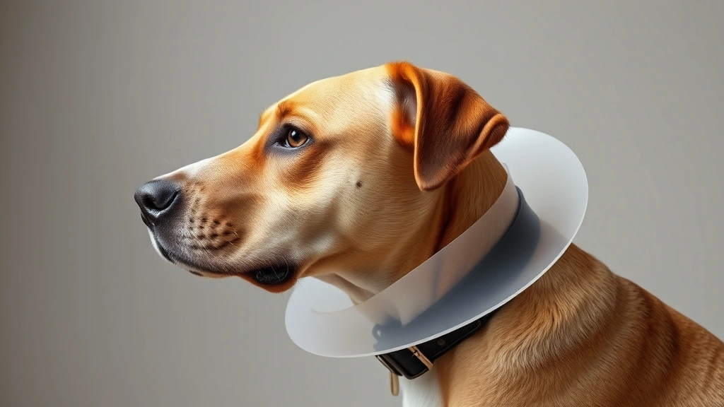 how to stop paw licking in dogs -
Photorealistic side profile of a calm dog wearing a cone collar
